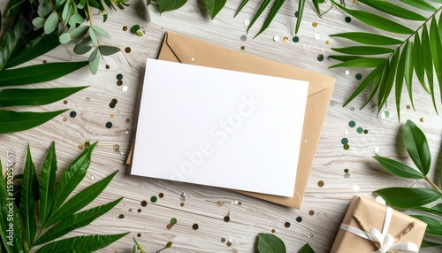 Minimalist flat lay or blank white invitation card mockup on a clean table surface with jungle themed birthday decorations