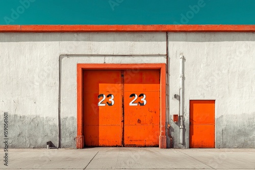 The exterior of an industrial warehouse with orange doors and the numbers 