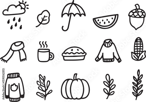 Autumnal icons featuring weather food clothing and plants season rain