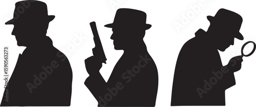Detective silhouettes with magnifying glass and gun fedora trench coat