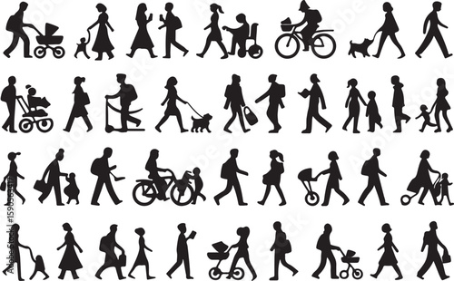 Diverse people walking with strollers bicycles and dogs family children
