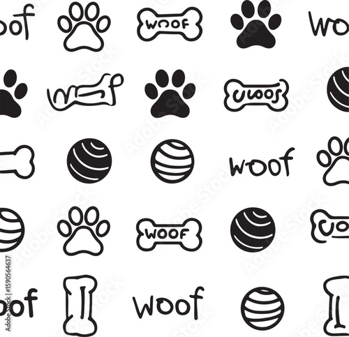 Paw prints bones and balls with woof text vector