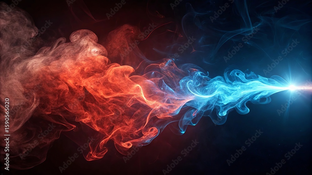 Obraz premium Fiery red smoke collides with electric blue smoke in a cosmic dance