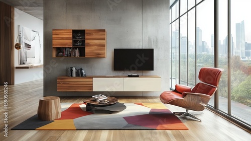 Modern Living Room Interior With City View And Designer Chair