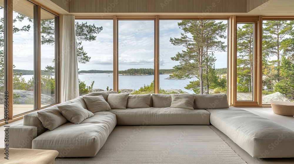 Fototapeta premium Coastal Home Interior, Modern Living Room With Scenic Sea View