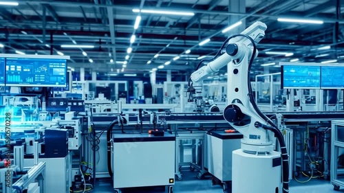 Mechanical arms performing tasks on a futuristic assembly line, enhanced with glowing digital data visualization, representing automation and smart manufacturing in industry 4.0