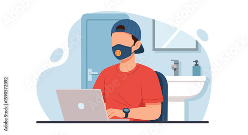 Vector illustration of a man working from home wearing a mask, perfect for articles about remote work, hygiene, or the pandemic.
