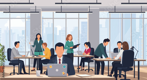 Modern office workspace illustration, perfect for websites, brochures, or social media posts showcasing teamwork and collaboration.