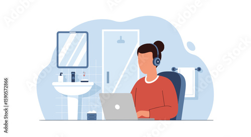 Person working remotely from a bathroom, ideal for illustrating work-life balance articles or social media posts about flexible work.