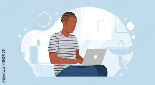 Illustration of a man working on his laptop in a bathroom, perfect for articles on work-life balance, remote work, or humor.