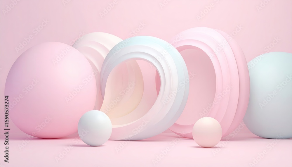 Fototapeta premium Pastel-colored spheres and torus shapes arranged on a pink background, creating an abstract, minimalist composition.