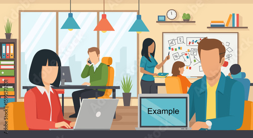 Illustrative image of a modern office workspace, perfect for websites, presentations, or marketing materials showcasing teamwork and collaboration.