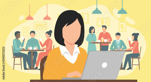 Illustration of a woman working on her laptop in a cafe, perfect for blog posts about remote work, coffee shop culture, or freelance life.