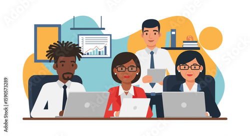 Diverse team of professionals working together on laptops, ideal for website banners, presentations, or social media posts highlighting collaboration and teamwork.