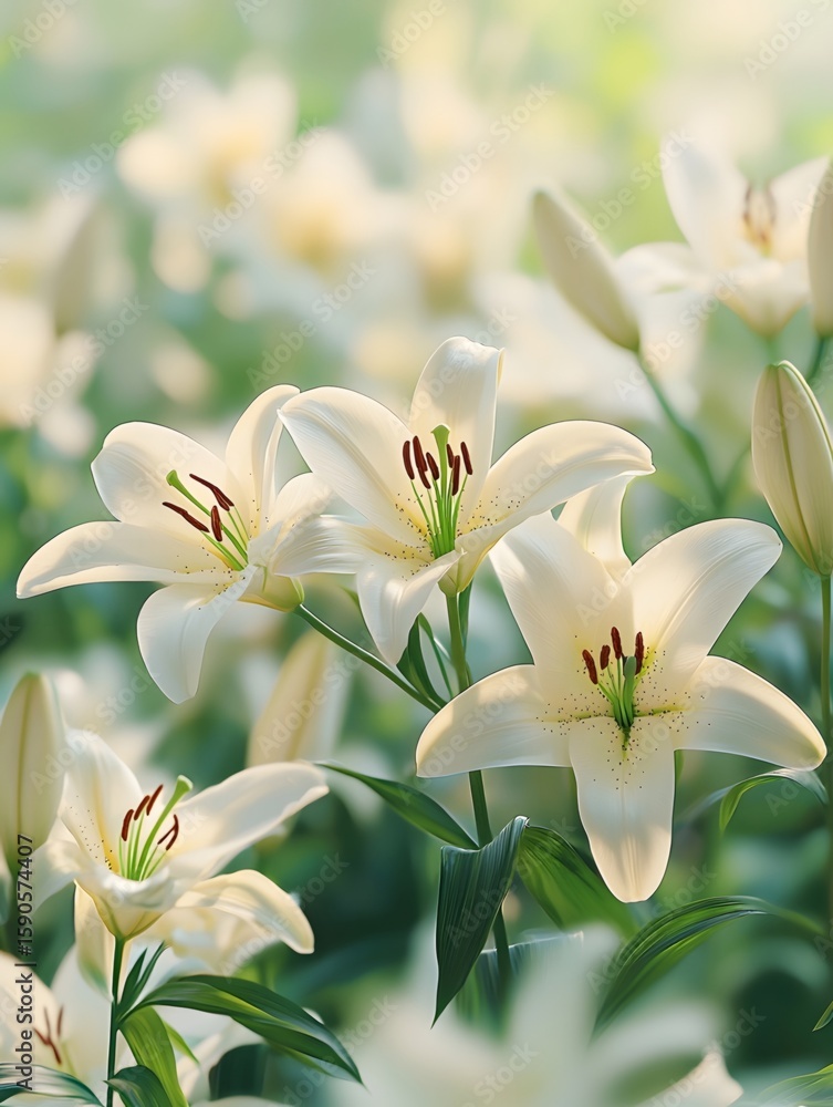 Fototapeta premium A field of lilies, with the flowers gently swaying in the breeze