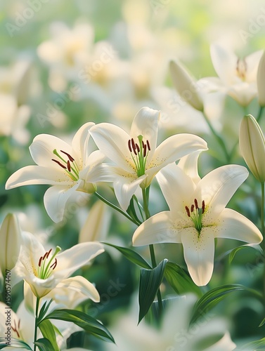 A field of lilies, with the flowers gently swaying in the breeze