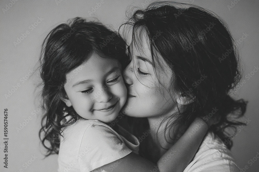 Fototapeta premium A little girl hugging her mother and smiling, a photograph of a beautiful young woman with long hair wearing a white t-shirt and holding her young daughter at home, a close-up portrait on a light back