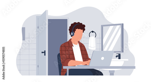 Illustration of a person working remotely on a laptop in a bathroom, perfect for articles about remote work, work-life balance, or unusual workspaces.