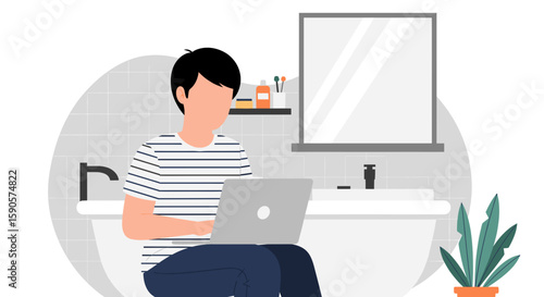 Illustration of a person working on a laptop in a bathroom, perfect for articles about remote work, work-life balance, or unusual workspaces.