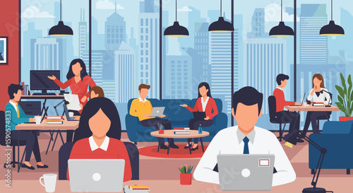 Modern office workers collaborating in a bright, spacious workspace. Ideal for websites, presentations, and social media posts about teamwork, productivity, and modern offices.