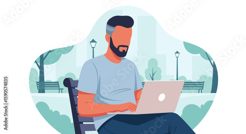 Man working on laptop in park, perfect for blog post about remote work, freelance lifestyle, or outdoor productivity.