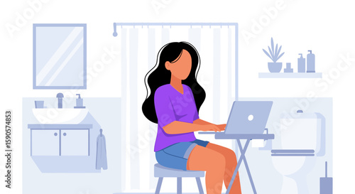 Illustration of a woman working on a laptop in a bathroom, perfect for articles on remote work, work-life balance, or flexible work arrangements.