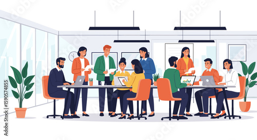 Diverse team collaborating in a modern office, ideal for website banners, presentations, or social media posts about teamwork and collaboration.