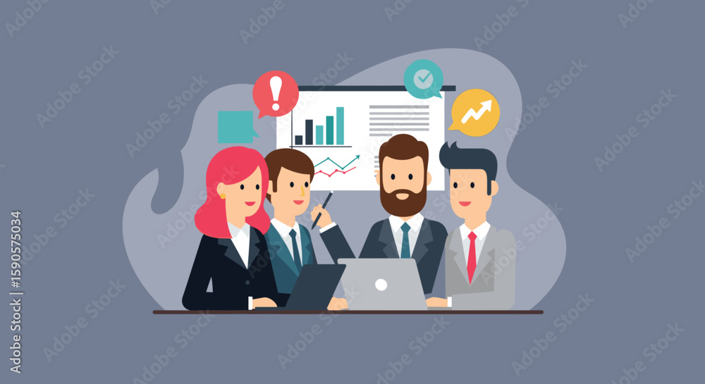 Business team collaboration illustration perfect for presentations, websites, or marketing materials. Depicts a diverse group analyzing data and strategizing. Business team collaboration illustration perfect for presentations, websites, or marketing materials. Depicts a diverse group analyzing data and strategizing.