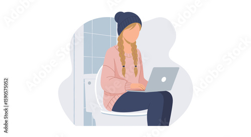 Illustration of a woman working on her laptop while sitting on the toilet; perfect for articles about remote work, work-life balance, or humorous social media posts.