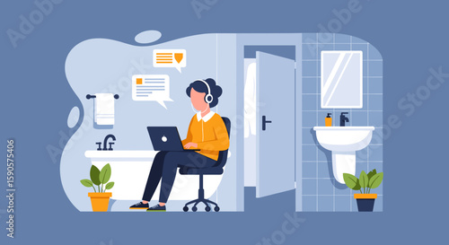 Person working on laptop in bathroom, ideal for articles on remote work, work-life balance, or unusual workspaces.