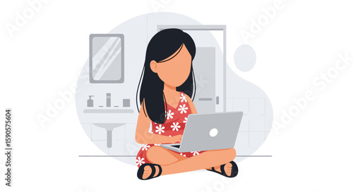 Girl using laptop in bathroom, perfect for blog posts about remote work, online learning, or flexible lifestyles.