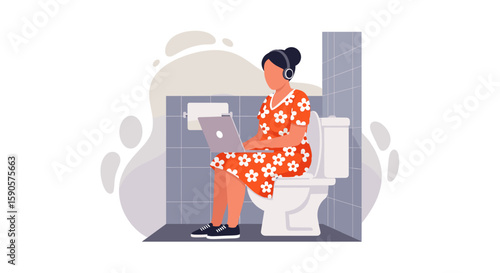 Illustration of a woman working on a laptop while sitting on a toilet; perfect for social media posts, blog articles, or presentations about work-life balance and remote work.