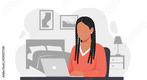 Illustration of a woman working on a laptop from home, perfect for blog posts about remote work, work-life balance, or freelance careers.