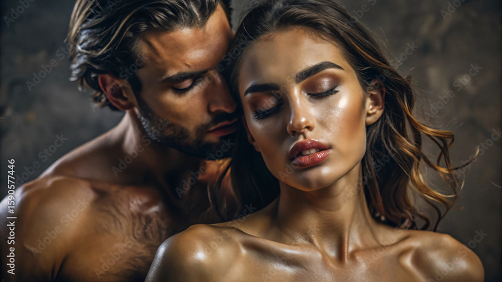 Obraz premium Young couple in love, a beautiful brunette woman with her partner, captured in a passionate, glamorous studio portrait