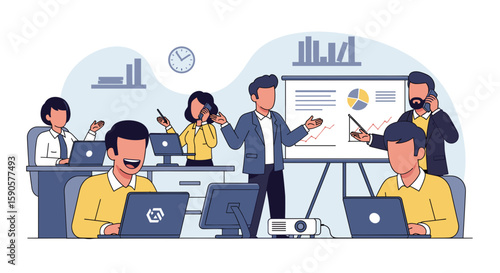 Illustrative image of a busy office team collaborating, perfect for website banners, presentations, or marketing materials showcasing teamwork and productivity.