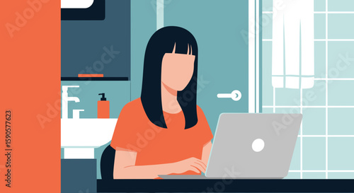 Woman working on laptop in bathroom, perfect for articles on work-life balance, remote work, or flexible schedules.