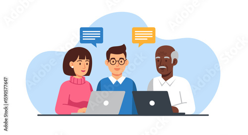 Diverse team collaborating on laptops, ideal for websites, presentations, or social media posts about teamwork, technology, and inclusivity.