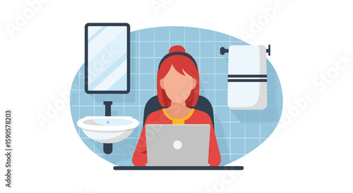 Vector illustration of a woman working on a laptop in a bathroom, perfect for articles on remote work, work-life balance, or flexible workspaces.