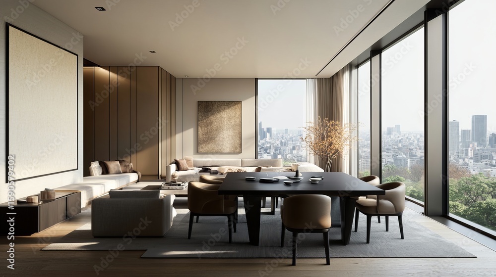 Fototapeta premium Luxury Apartment Interior, Modern Design, City View, Contemporary Living Room