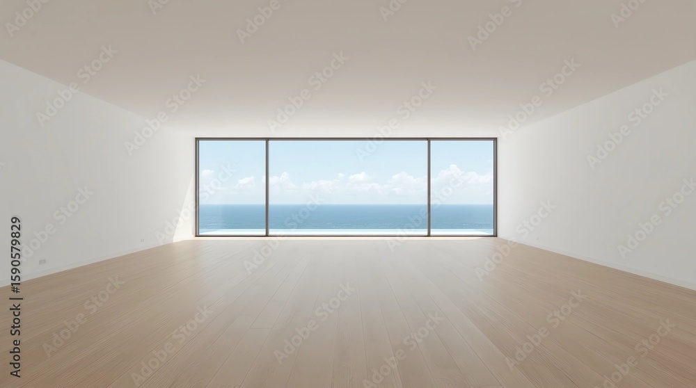 Fototapeta premium Modern empty room with wooden floor and large window on mountain background. 3d render.