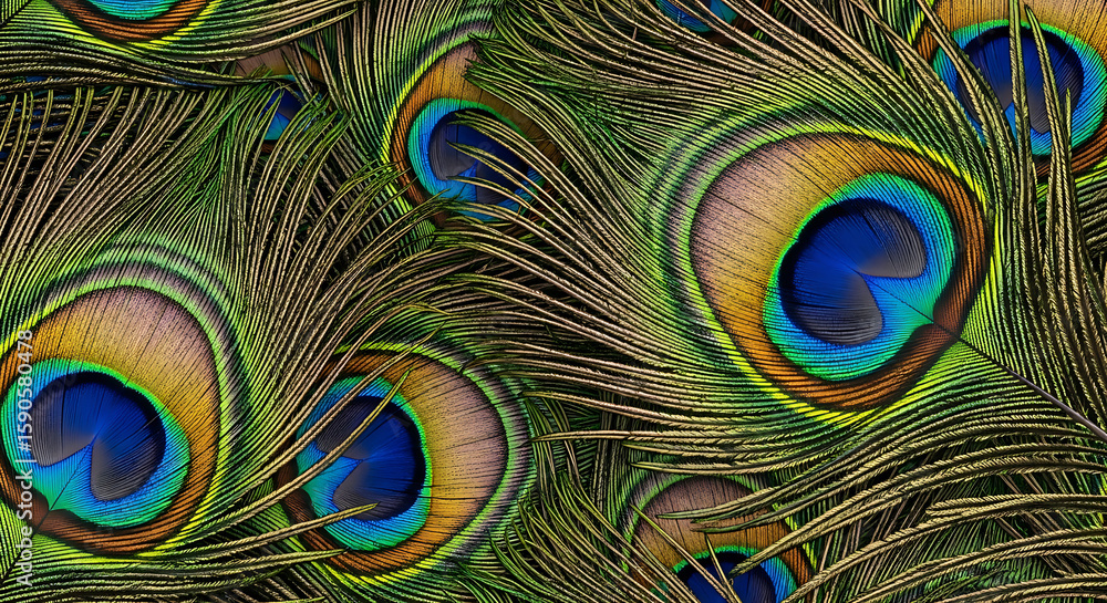 Fototapeta premium Graceful peacock feathers display vibrant shades of blue, green, and gold in an ornate pattern, radiating beauty and elegance.