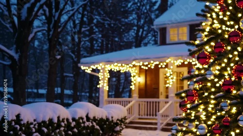 Festive winter evening: illuminated christmas tree in snowy suburban setting