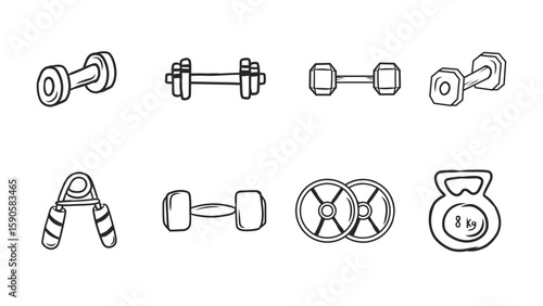 Hand-Drawn Fitness Equipment: Dumbbells, Kettlebells, and Hand Grips for Workout