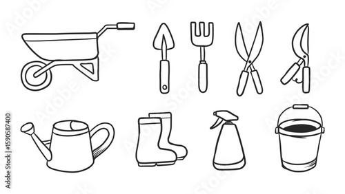 Collection of Hand-Drawn Gardening Tools: Wheelbarrow, Trowel, Shears, and More