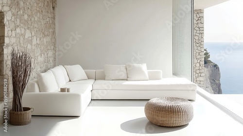 Coastal Villa Interior With Modern White Sofa And Sea View