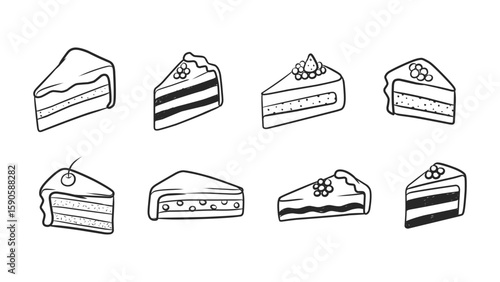 Assortment of Eight Hand-Drawn Cake Slices with Diverse Toppings, Fillings, and Styles