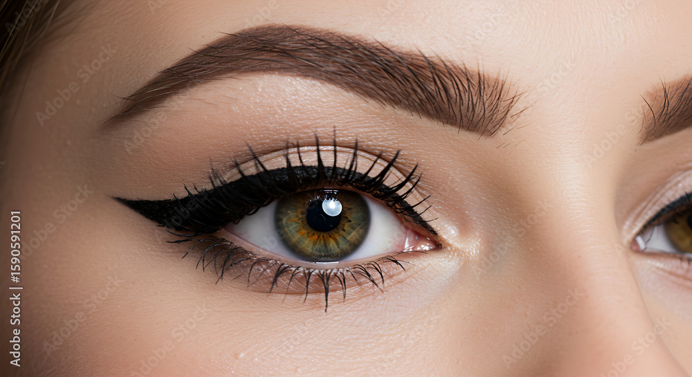 Obraz premium Close-up of eyes with fine eyeliner, voluminous lashes, and well-groomed eyebrows