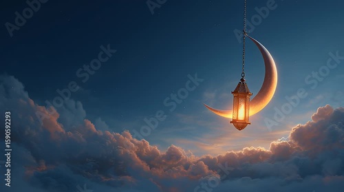Crescent moon and lantern hanging in the twilight sky