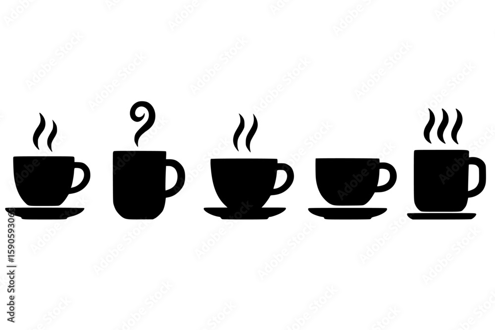 Obraz premium Silhouettes of Coffee Cups with Steam on White Background
