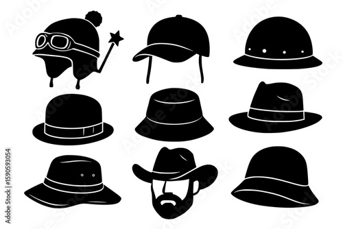 Variety of Hat Silhouettes in Black on white background